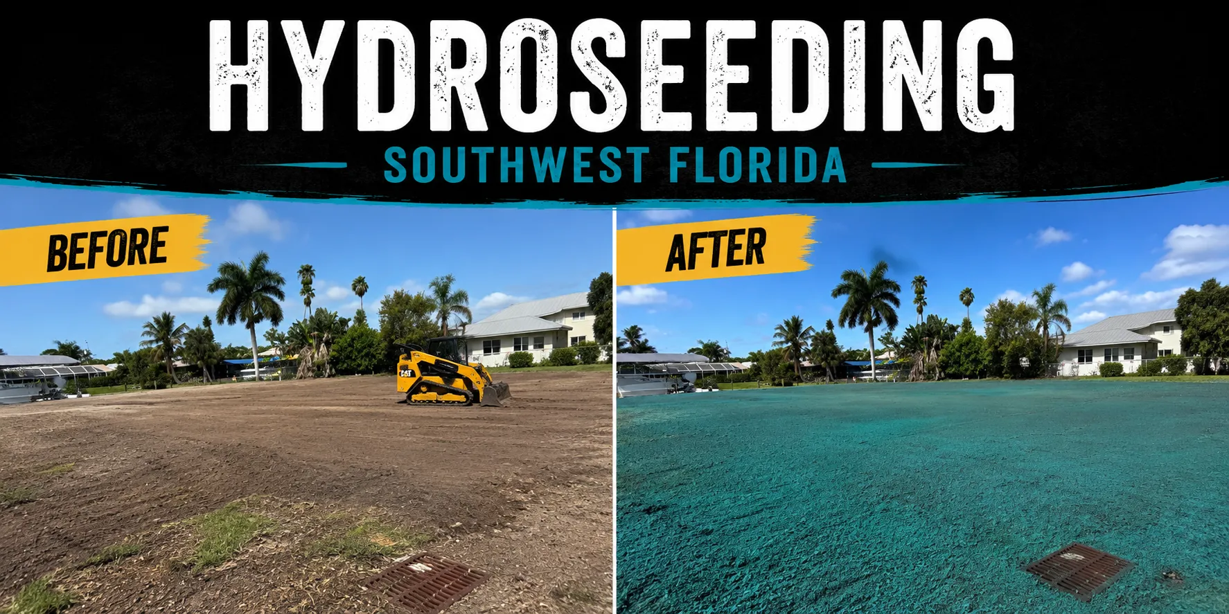 Before and after of a hydroseeding project in Southwest Florida, bare graded lot transformed to lush, even green ground cover