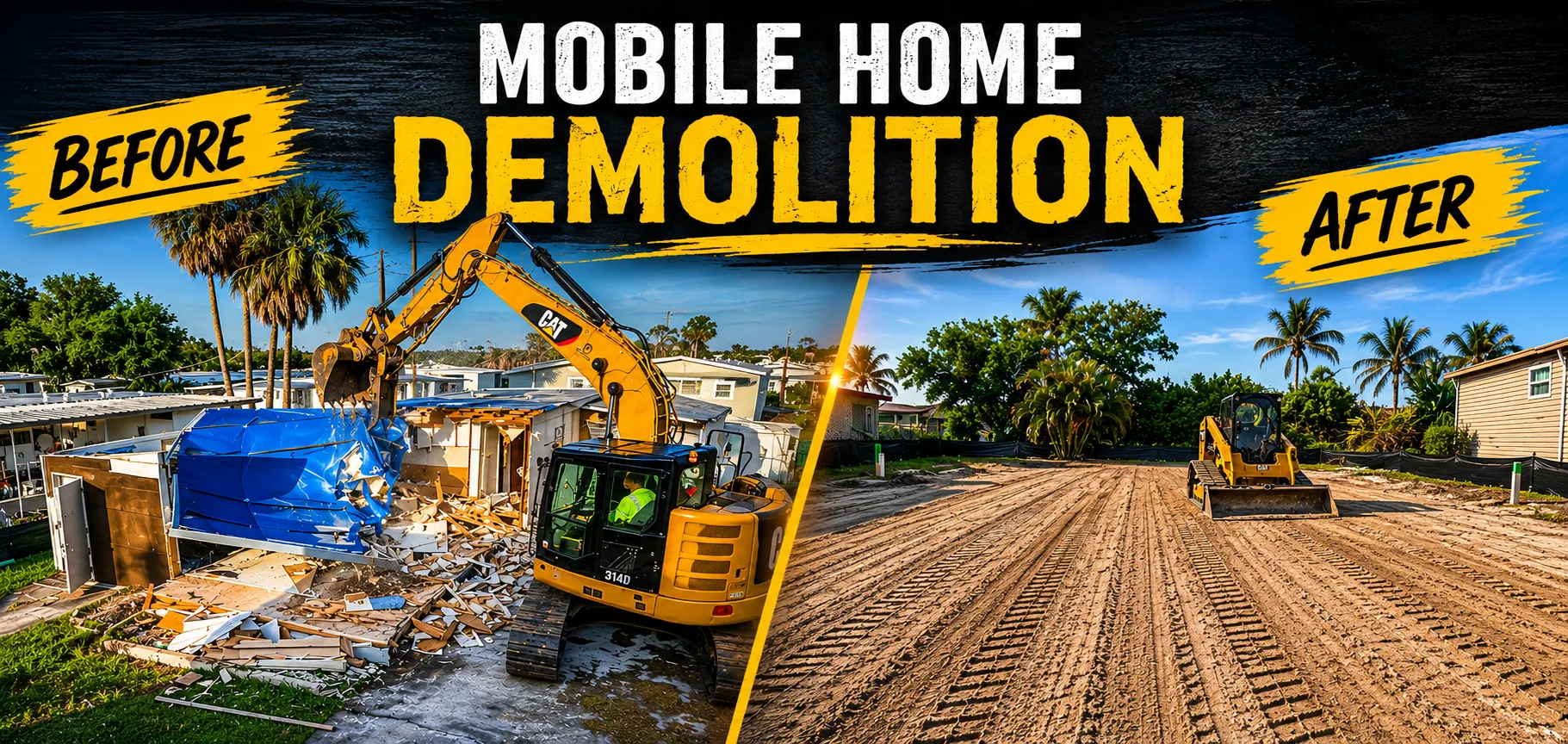 Before and after of a Southwest Florida mobile home demolition, standing structure removed and the lot graded clean and level